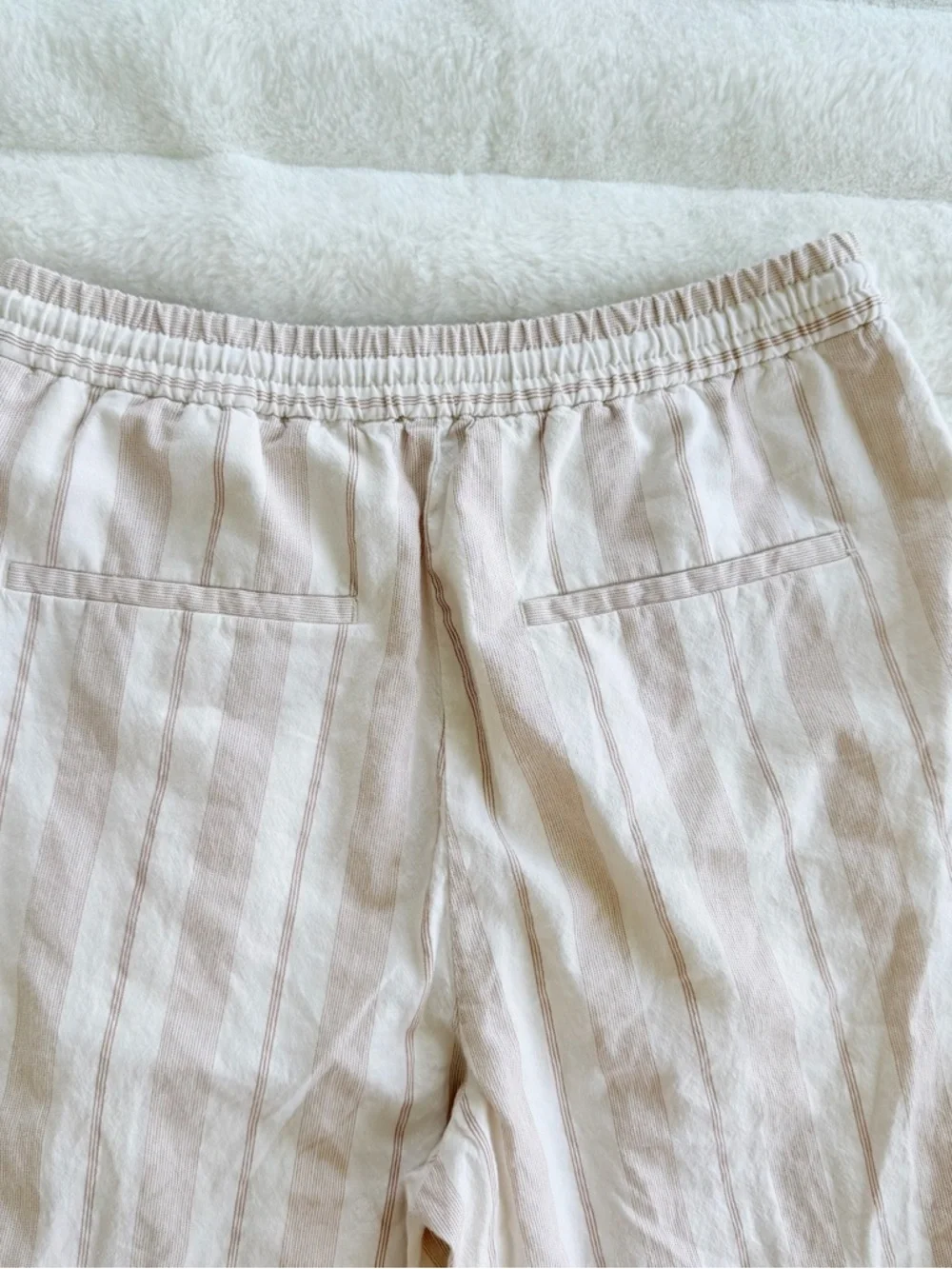 Zara Linen Blend Striped Pants Size M Beige Cream Drawstring Boho Beach